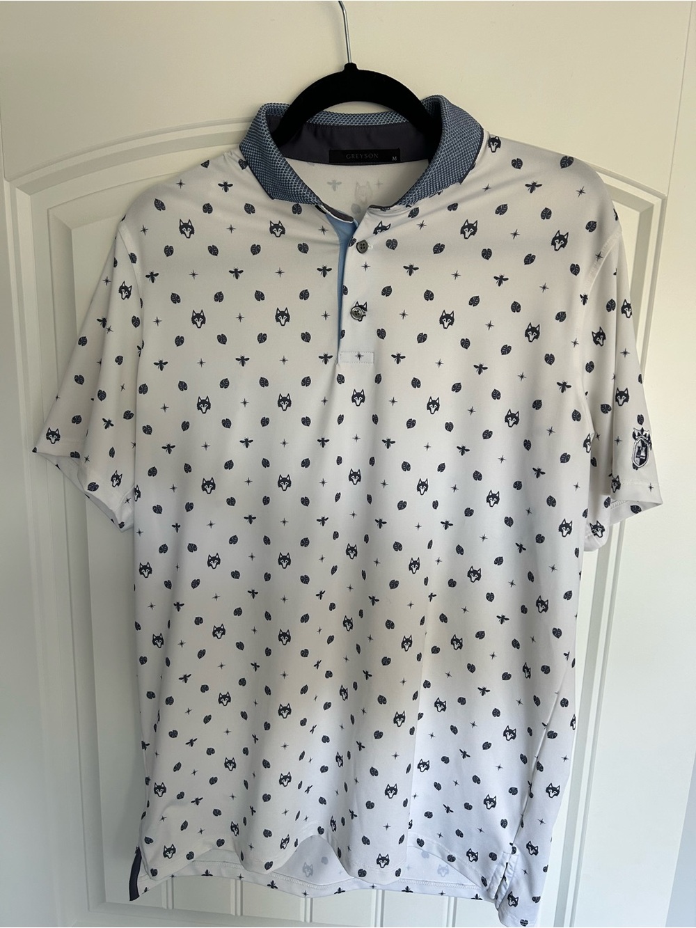 Greyson White Polo with Navy Micro Print Mens Medium